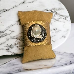 Wide Mate Gold Hammered Cuff Bracelet Big Baroque Pearl Black Crystal Paved NWT!